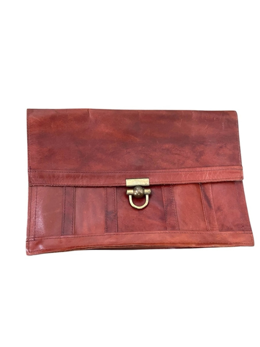 Vintage Leather Clutch Brown Brass Clasp Foldover Bag - Picture 4 of 16